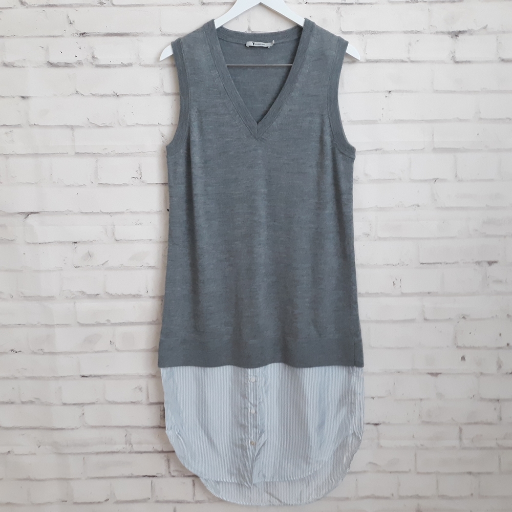 T by Alexander Wang Grey Knit Sleeveless Midi Dress with Striped Hem